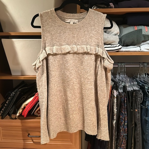 LOFT Ruffle Cold Shoulder Sweater in Natural Taupe - Picture 2 of 5